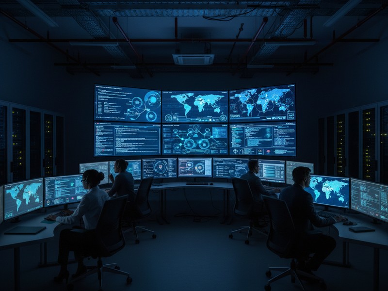Cybersecurity operations center monitoring threats in real-time