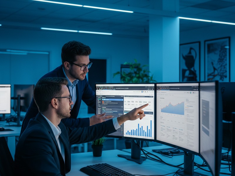 SEO specialists analyzing keyword rankings and organic traffic